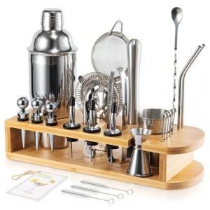 Kit Bartender Profissional 26 Peças em Aço Inoxidável com Suporte de Bambu, Semderm, Prata