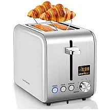 Torradeira Elétrica 2 Fatias em Aço Inoxidável com Tela LCD, 7 Níveis de Tostagem, Grade de Reaquecimento e Bandeja de Migalhas Removível
