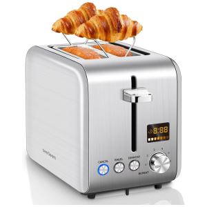 Torradeira Elétrica 2 Fatias em Aço Inoxidável com Tela LCD, 7 Níveis de Tostagem, Grade de Reaquecimento e Bandeja de Migalhas Removível