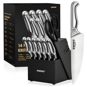 Conjunto de Facas Enowo em Aço Inoxidável com Bloco de Bancada Multinível, 14 Peças, Prata