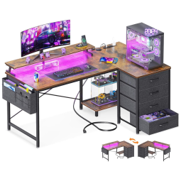 Mesa Gamer 55" 139 cm com 4 Gavetas, Tomadas, Portas USB, Luz LED, Prateleiras para CPU e Suporte de Monitor, 110V, ODK