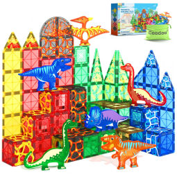 Conjunto de Blocos Magnéticos com Temática de Dinossauros - 102 peças, 8 Dinossauros, Cenários Jurássicos,Coodoo