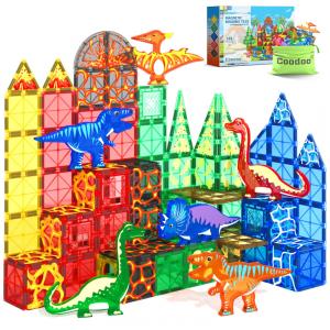 Conjunto de Blocos Magnéticos com Temática de Dinossauros - 102 peças, 8 Dinossauros, Cenários Jurássicos,Coodoo