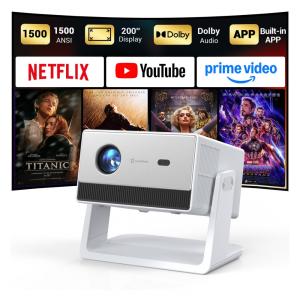 Projetor Inteligente Full HD 1500 ANSI com Suporte, HAPPRUN Decodificação 4K com Wifi e Bluetooth, Compatível com Netflix e Apps Integrados