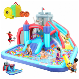Parque Aquático Inflável 10 em 1, até 150 kg com Corrediça de Água, Parede de Escalada e Cesta de Basquete, WONFUY, Colorido