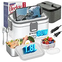 Marmita Elétrica Portátil 1,8L com Tampa Hermética e Acessórios, 12V 110V 75W, Pavezo, Branca e Cinza