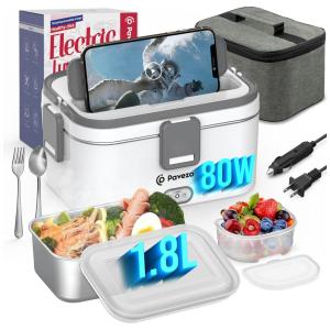 Marmita Elétrica Portátil 1,8L com Tampa Hermética e Acessórios, 12V 110V 75W, Pavezo, Branca e Cinza