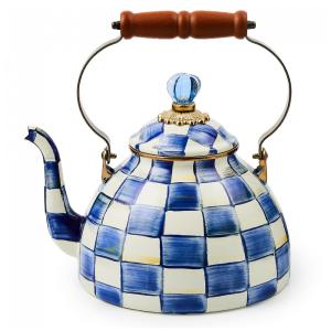 Chaleira de Chá Esmaltada 3 Litros com Pássaro, MacKenzie Childs, Branca e Azul Escuro