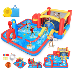 Parque Aquático Inflável Gigante 4 em 1 com Tobogã e Piscina de Água, 4,35x4,35 metros, para Diversão Infinita das Crianças,Whubefy