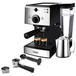 Cafeteira Elétrica Programável 1.2L em Aço Inoxidável com Vaporizador de Leite, 1350W, 110v, GEVI GECMD627BK U, Preto