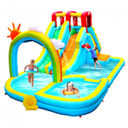 Parque Aquático Inflável até 160 kg com Cortina de Água, Escorregador e Parede de Escalada, WELLFUNTIME, Colorido
