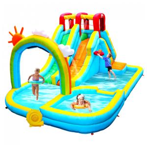 Parque Aquático Inflável até 160 kg com Cortina de Água, Escorregador e Parede de Escalada, WELLFUNTIME, Colorido