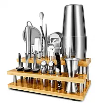 Kit Bartender Profissional 25 Peças em Aço Inoxidável com Suporte Duplo, HAIZHI, Prata