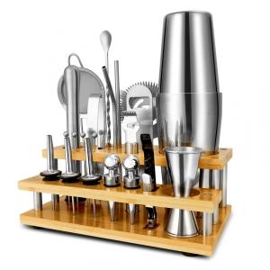 Kit Bartender Profissional 25 Peças em Aço Inoxidável com Suporte Duplo, HAIZHI, Prata