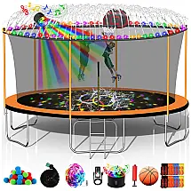 Goujxcy Trampolim 3,7m a 4,9m para Crianças e Adultos, 680kg, com Cesta de Basquete, Luzes, Sprinkler, Escada e Caixa