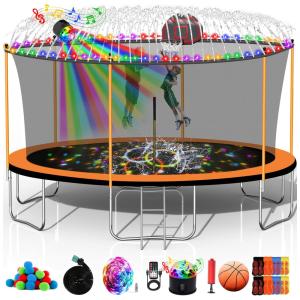 Goujxcy 12FT 14FT 15FT 16FT Trampolim para crianças e adultos, 1500 LBS trampolins ao ar livre com cesta de basquete, luzes, sprinkler