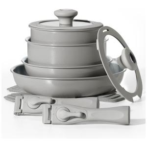 Jogo de Panelas e Frigideiras Antiaderentes, Material em Alumínio e Cerâmica com 14 Peças e Cabo Removível, BLAZANT, Cinza