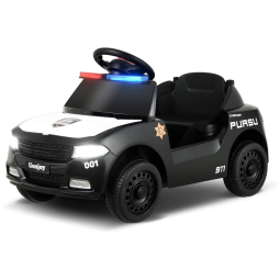 Carro Elétrico Policial 6V Recarregável para Crianças 1 Assento até 24 kg, Idade Recomendada 3, UENJOY, Preto