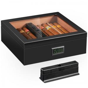 Umidor de Charutos Teplat, Artesanal em Cedro, Higrômetro Digital, Divisor Removível, Acabamento Preto, Tampa de 120mm.