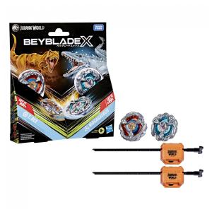 Beyblade X Jurassic World T. Rex vs Mosasaurus Multipack conjunto de batalha com 2 piões e 2 lançadores metálico