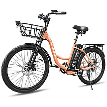 Bicicleta Elétrica Cruiser de 24 Polegadas para Adultos, com Bateria Removível e Cesta, Design de Quadro com Fácil Montagem