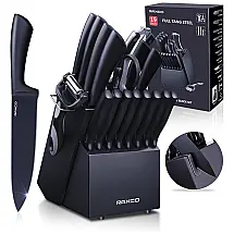 Conjunto de Facas em Aço Inoxidável com Bloco de Bancada, 8 Peças, RAXCO, Preto