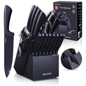 Conjunto de Facas em Aço Inoxidável com Bloco de Bancada, 8 Peças, RAXCO, Preto