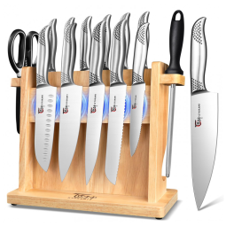 Conjunto de Facas em Aço Inoxidável com Suporte Magnético, 14 Peças, SYOKAMI, Prata e Preto
