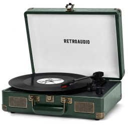 Toca-discos de Vinil Portátil Retro Bluetooth em Maleta Verde Escuro com 3 Velocidades,RetroAudio,