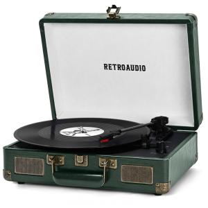 Toca-discos de Vinil Portátil Retro Bluetooth em Maleta Verde Escuro com 3 Velocidades,RetroAudio,