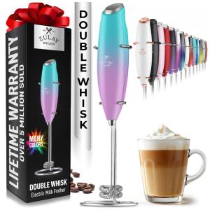 Espumador Elétrico de Leite a Bateria com Suporte, e, ZULAY KITCHEN Twin Whisk 12,500 RPM, Azul