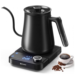 Chaleira Elétrica HIYAKOI Gooseneck com Controle de Temperatura, Ideal para Café e Chá, Aquecimento Rápido de 1200W em Aço Inoxidável, 0,8L