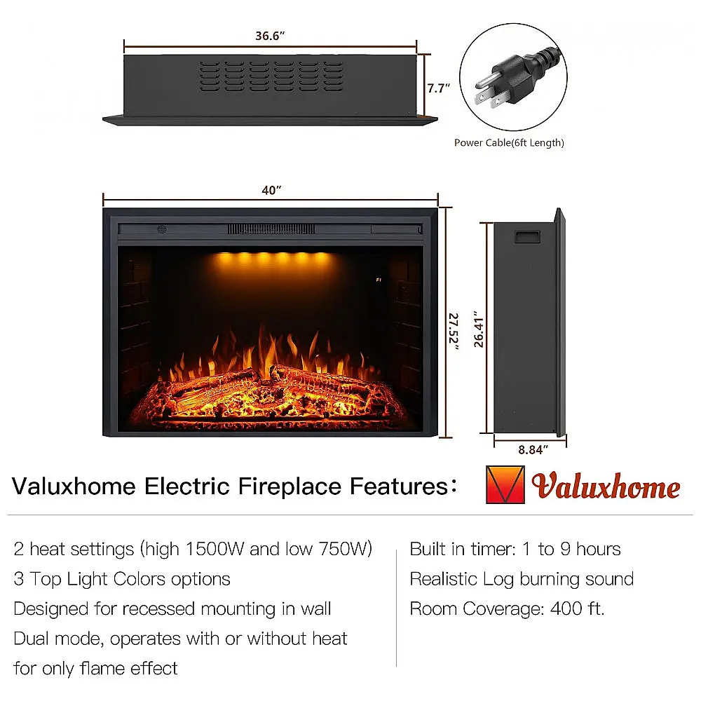 Lareira Elétrica Valuxhome 102x70cm 1500W Insert Embutir Sons Crackling 110V — foto 2