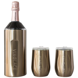 Porta Garrafa Térmico para Vinho é em Aço Inoxidável com 2 Copos, Cobre, VINGLACé, Dourado