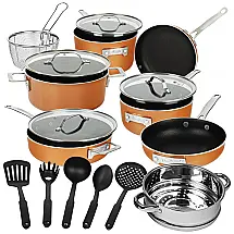 Jogo de Panelas e Frigideiras Antiaderentes em Alumínio com Utensílios, 17 Peças, Gotham Steel, Laranja