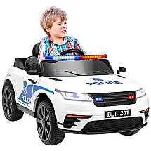 Carro Elétrico Policial 12V Recarregável para Crianças 1 Assento até 29kg, Idade Recomendada 3, BAHOM, Branco