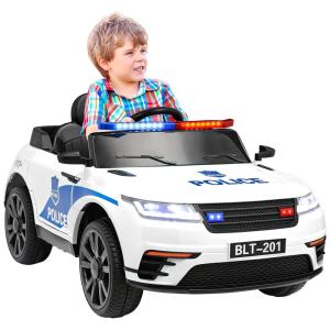 Carro Elétrico Policial 12V Recarregável para Crianças 1 Assento até 29kg, Idade Recomendada 3, BAHOM, Branco