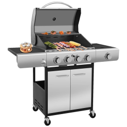 Churrasqueira a Gás 42.000 BTU com 4 Queimadores, 2 Portas e Mesas Laterais em Aço Inoxidável, ZAFRO, Prateado