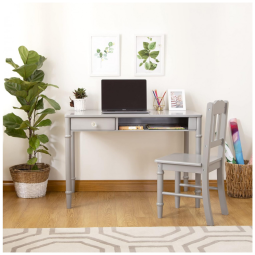 Escrivaninha infantil com cadeira Guidecraft Dahlia Cinza em madeira com gaveta e nicho 96cm