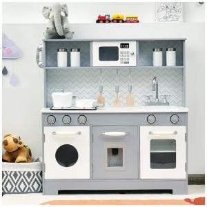 Cozinha Infantil em Madeira com Torneira, Micro-ondas e Escorredor de Pratos para Crianças Acima de 3 Anos, Costzon, Multicolorido