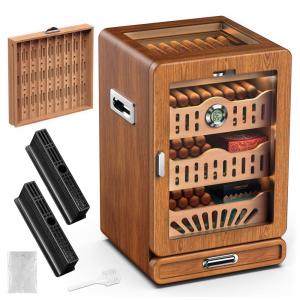 Umidor de Charutos de Mesa, com Tampa de Vidro, 4 Prateleiras de Cedro Espanhol, 2 Umidificadores, 1 Higrômetro Digital.LIHTUN