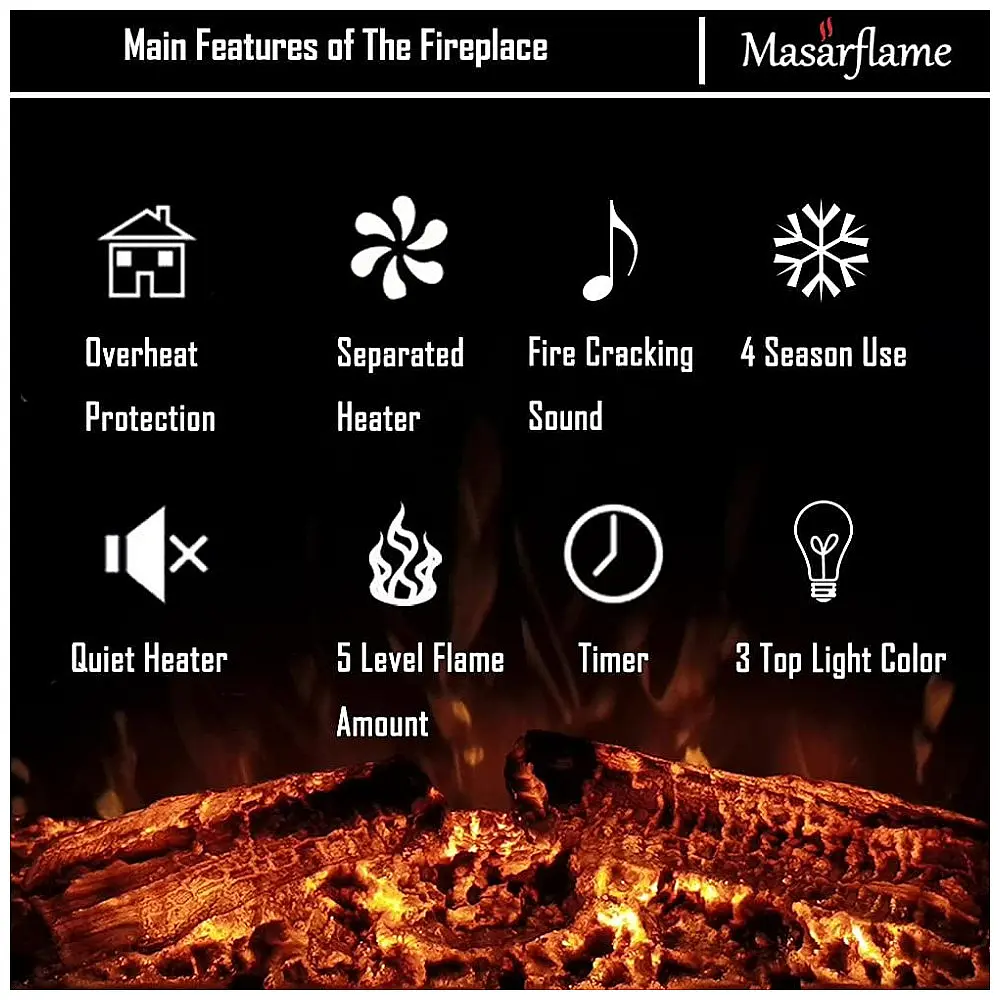 Lareira Elétrica Masarflame 90x70cm 1500W Chamas LED Som Embutir 110V — foto 2