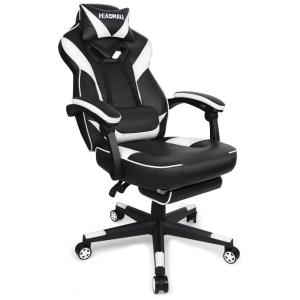 Cadeira Gamer Reclinável e Giratória com Apoio para Lombar, Cabeça e Pés, HEADMALL, Preto e Branca