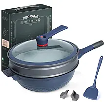 TIBORANG Panela Frigideira 6L Antiaderente 8 em 1 com Revestimento de Alumínio e Titânio Fundido e Indicador de Calor, Azul Escuro