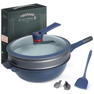 TIBORANG Panela Frigideira 6L Antiaderente 8 em 1 com Revestimento de Alumínio e Titânio Fundido e Indicador de Calor, Azul Escuro