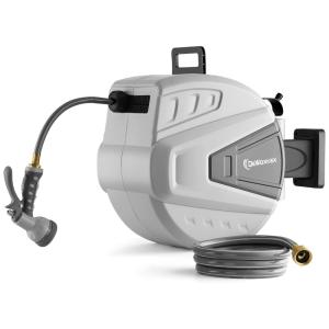 Mangueira de Jadim 30M com Enrolador Retrátil, Bico Pulverizador de 9 Funções, Trava e Giratório 180, DeWoxkex, Cinza