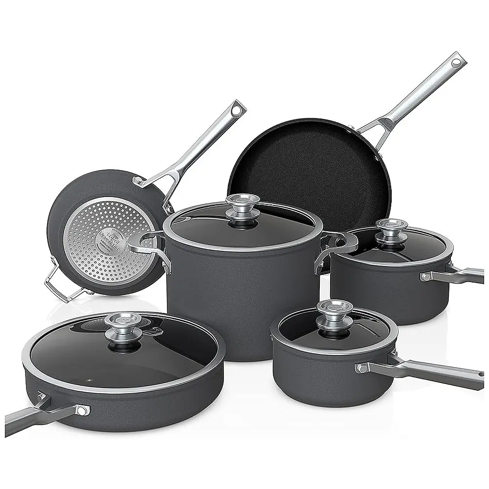 Conjunto de Panelas e Frigideiras Antiaderentes Anodizadas com Tampas de Vidro, 10 Peças, NINJA C59500, Preto