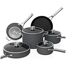 Conjunto de Panelas e Frigideiras Antiaderentes Anodizadas com Tampas de Vidro, 10 Peças, NINJA C59500, Preto