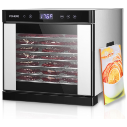 Desidratador FOHERE com 8 bandejas de aço inox, controle de temperatura de 80°C, timer de 48h, para carne, frutas, ervas e mais.