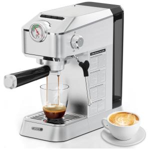 Máquina de Café Expresso 20 BAR com Espumador de Leite e Tanque de Água Removível de 1,2L, 110V 1300W, CKOZESE, Prata